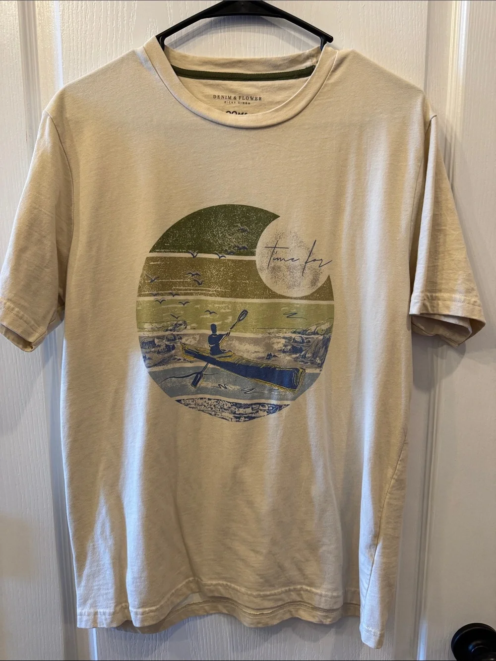 Denim & Flower Cream Short-Sleeve Graphic Tee with Green and Blue Kayak Print